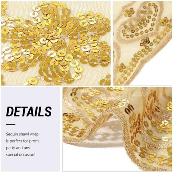Gold Sequin Glitter Lace Bridal Shawls Wraps Scarves Formal Evening Dress Scarf - Picture 3 of 6